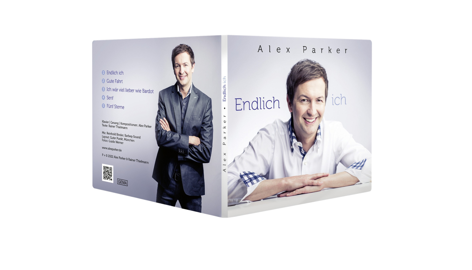 CD-Digipac „Endlich ich“ von Alex Parker, aufgeklappt mit Cover und Porträt